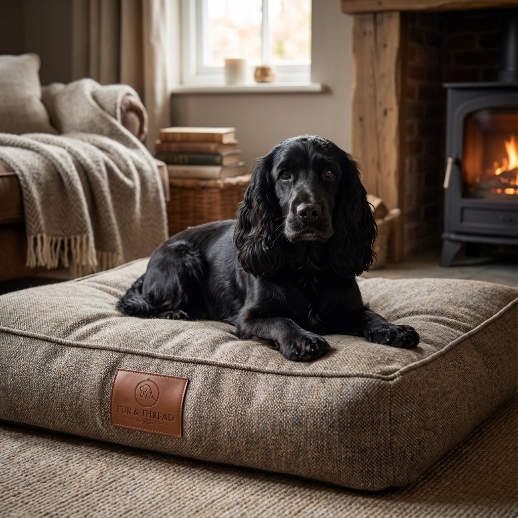 Ria the Cocker Spaniel on a luxury tweed bed